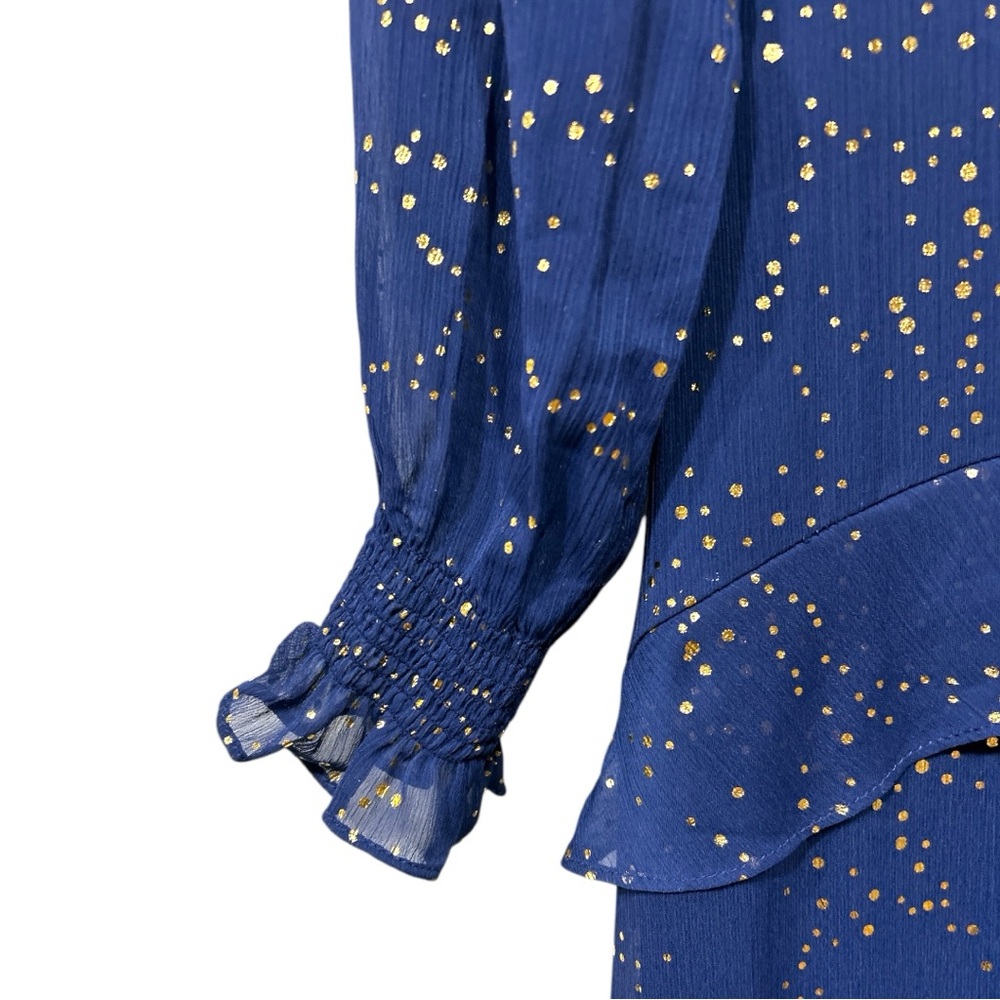 Anthropologie Hutch Molly Gown Navy Gold Sparkly Chiffon Ruffled Tiered Small 00 - Picture 7 of 15